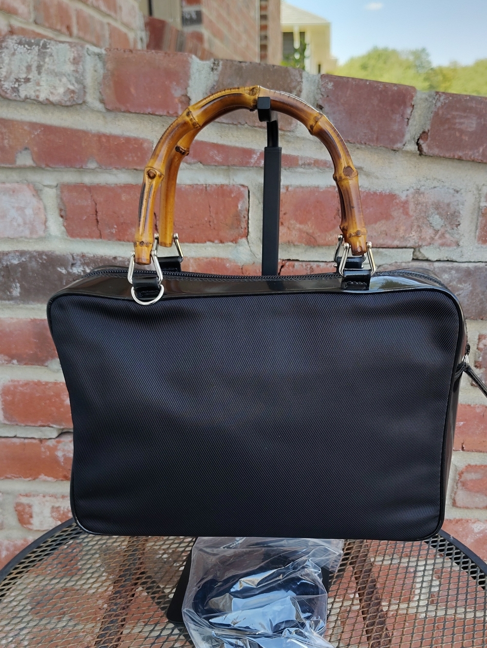 Vintage Gucci Nylon Patent Leather Bamboo Handle Black Handbag Bag Classic 90s - Picture 5 of 16